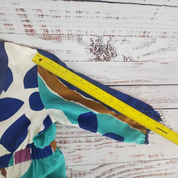 Yumi Kim Multicolor Abstract 100% Silk Dress S Plunge VNeck 3/4 Sleeve Geo Print - Picture 15 of 15